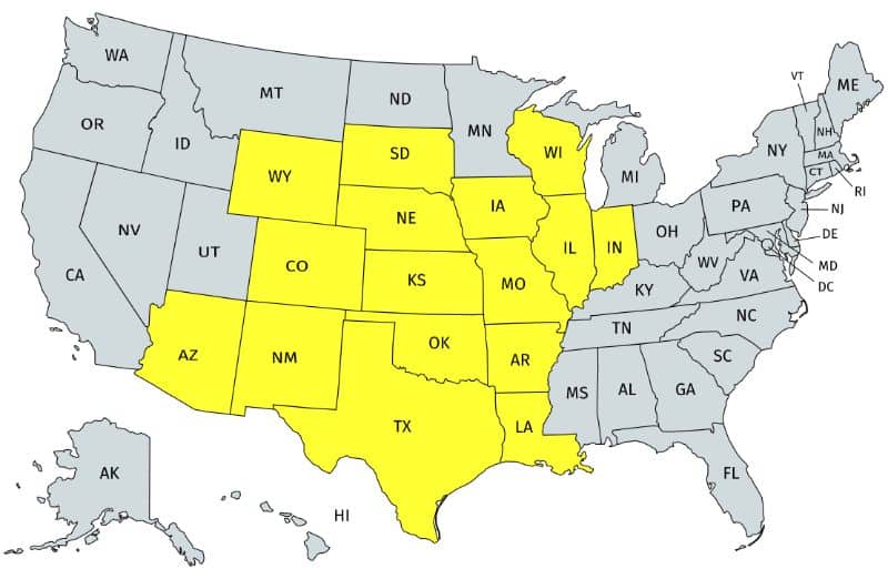 Range of the Ornate box turtle in the United States.