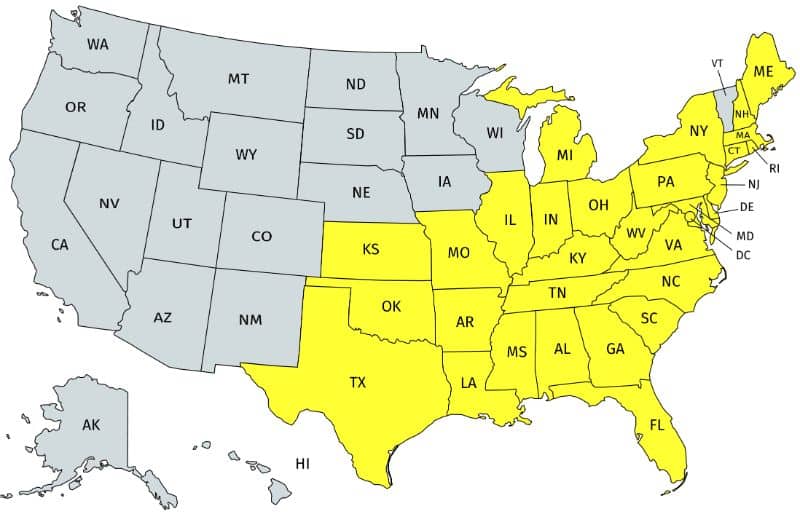 Distribution of the Eastern Box turtle in the US